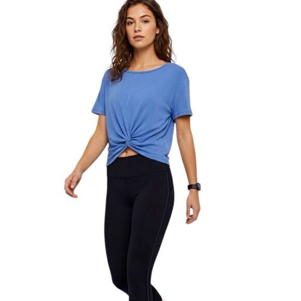 ZYIA Womens Blouse Sz Medium Blue Front Swirl Short Sleeve Activewear Workout